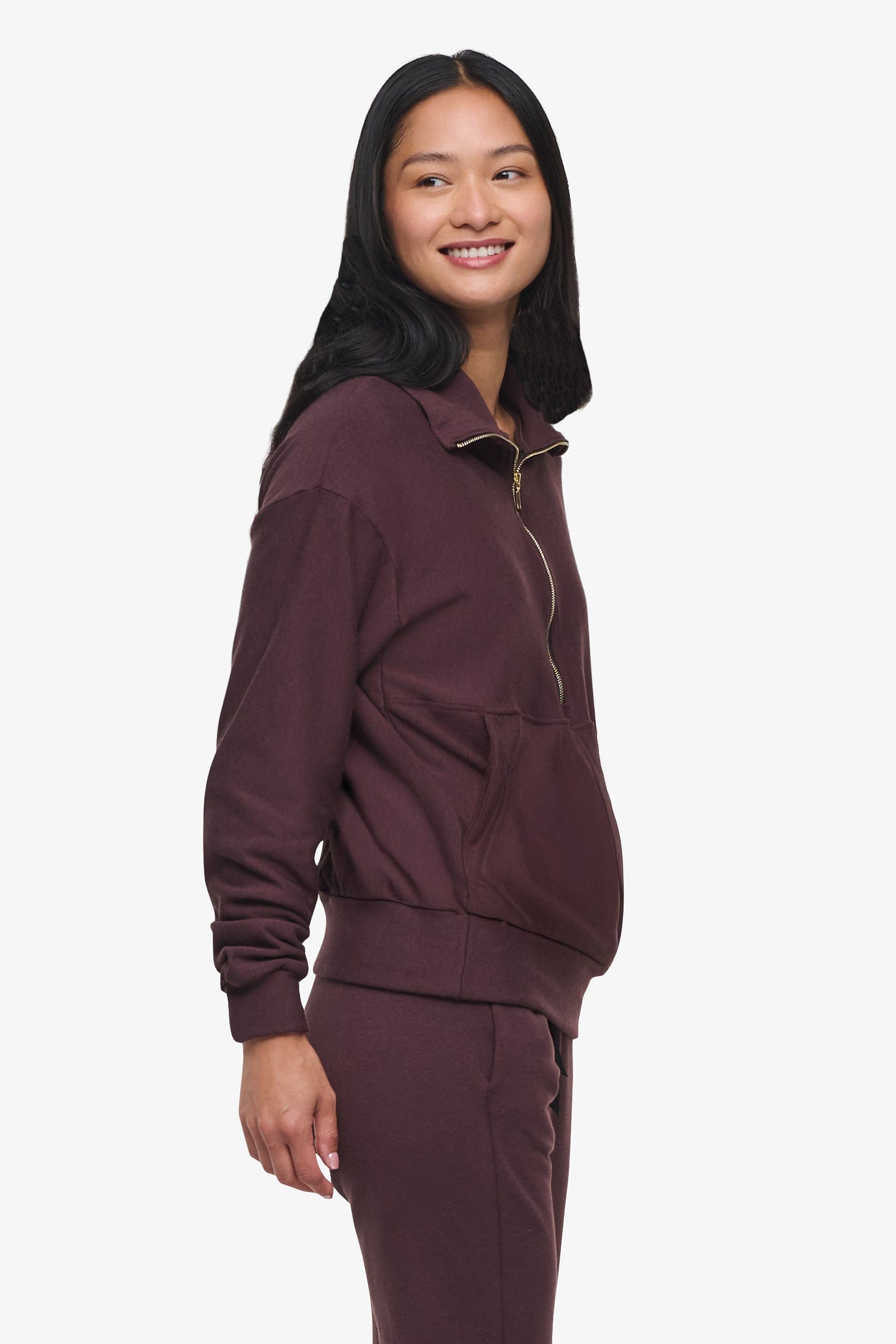 Freedom Half Zip Sweatshirt  - Woman half zip sweatshirt with kangaroo pocket in brown other side  | Daub & Design