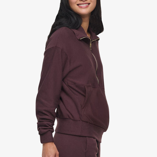 Freedom Half Zip Sweatshirt  - Woman half zip sweatshirt with kangaroo pocket in brown other side  | Daub & Design