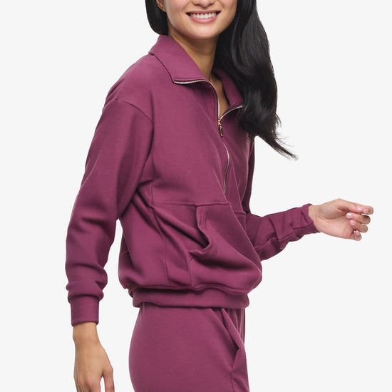 Freedom Half Zip Sweatshirt  - Woman half zip sweatshirt with kangaroo pocket in deep cool pink side | Daub & Design