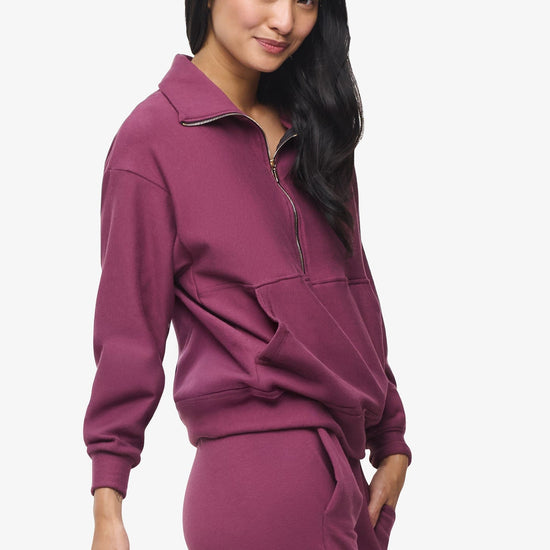 Freedom Half Zip Sweatshirt  - Woman half zip sweatshirt with kangaroo pocket in deep cool pink side | Daub & Design