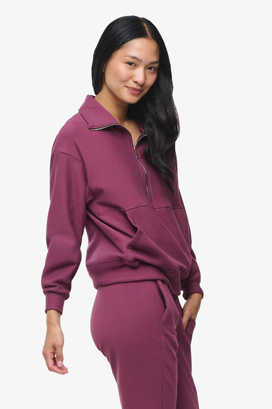 Freedom Half Zip Sweatshirt  - Woman half zip sweatshirt with kangaroo pocket in deep cool pink side | Daub & Design
