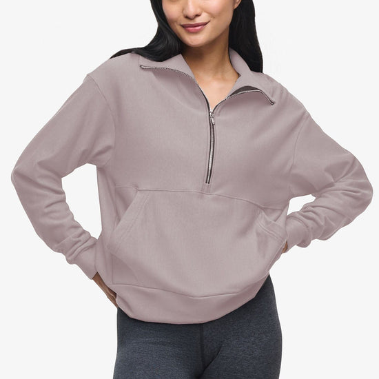 Freedom Half Zip Sweatshirt  - Woman half zip sweatshirt with kangaroo pocket in beige  | Daub & Design