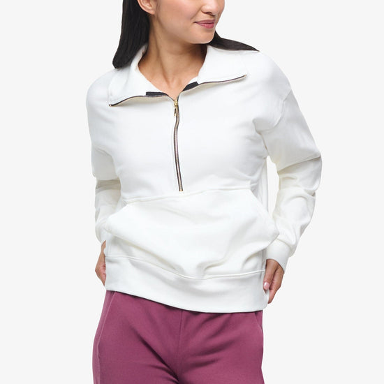 Freedom Half Zip Sweatshirt  - Woman half zip sweatshirt with kangaroo pocket in ivory  | Daub & Design