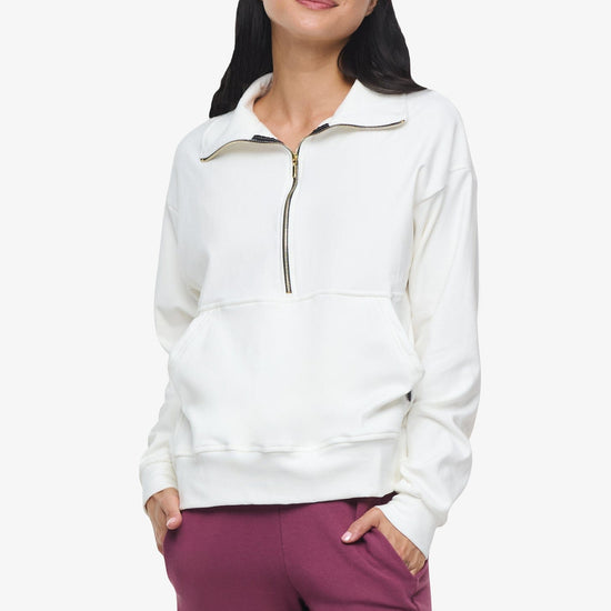 Freedom Half Zip Sweatshirt  - Woman half zip sweatshirt with kangaroo pocket in ivory front | Daub & Design