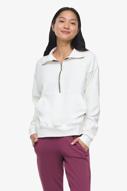 Freedom Half Zip Sweatshirt  - Woman half zip sweatshirt with kangaroo pocket in ivory front | Daub & Design