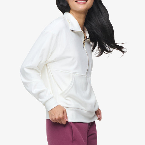 Freedom Half Zip Sweatshirt  - Woman half zip sweatshirt with kangaroo pocket in ivory side | Daub & Design