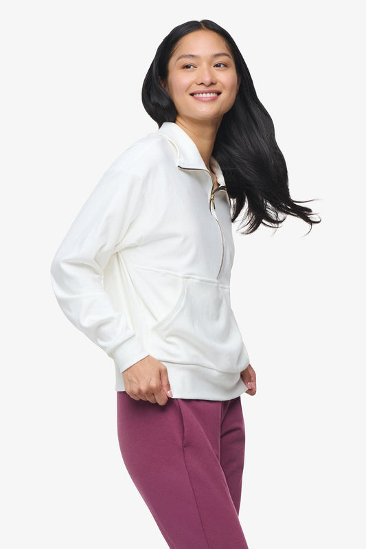 Freedom Half Zip Sweatshirt  - Woman half zip sweatshirt with kangaroo pocket in ivory side | Daub & Design