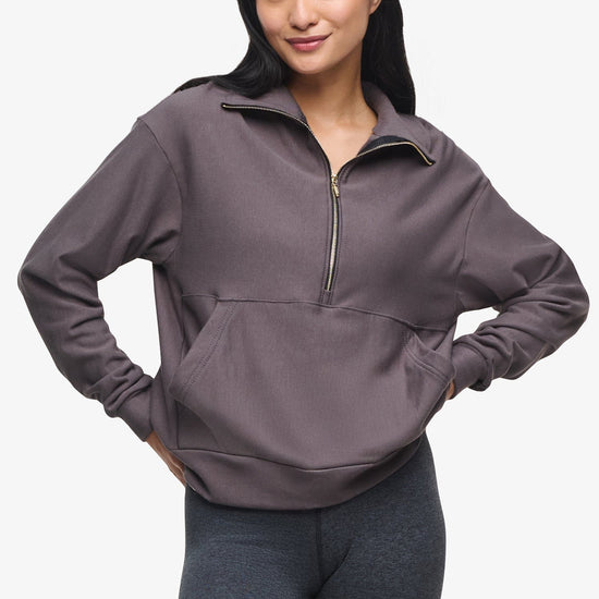 Freedom Half Zip Sweatshirt  - Woman half zip sweatshirt with kangaroo pocket in warm grey front | Daub & Design