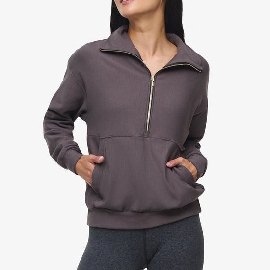 Freedom Half Zip Sweatshirt  - Woman half zip sweatshirt with kangaroo pocket in warm grey front  | Daub & Design