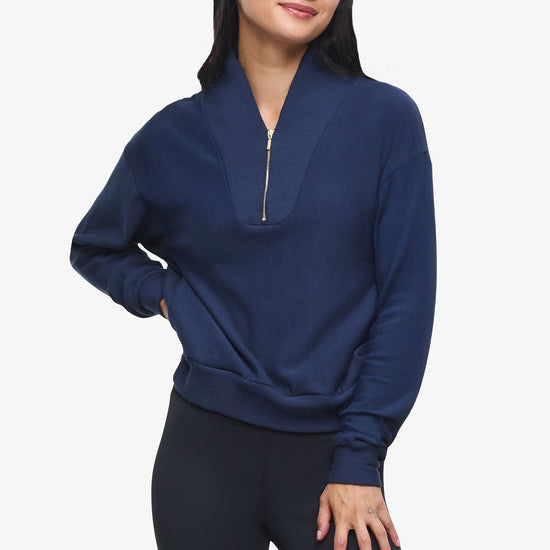 Freedom Quarter Zip Sweatshirt  - Woman Quarter Zip Sweatshirt with side pocket in Navy Blue | Daub & Design 