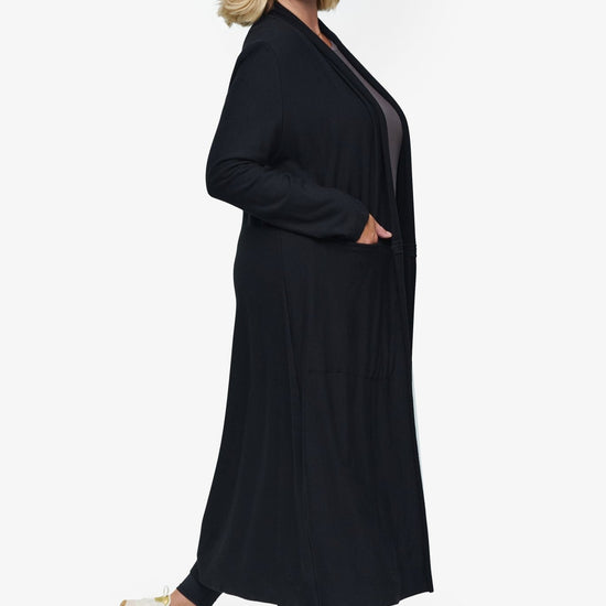 Knox Jacket  - Woman Fleece Long Jacket with pockets in Black | Daub & Design