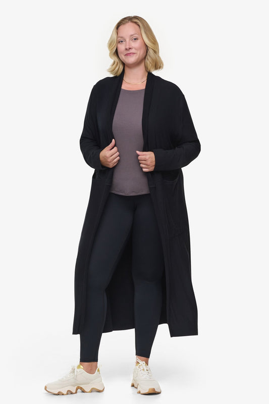 Knox Jacket  - Woman Fleece Long Jacket with pockets in Black | Daub & Design