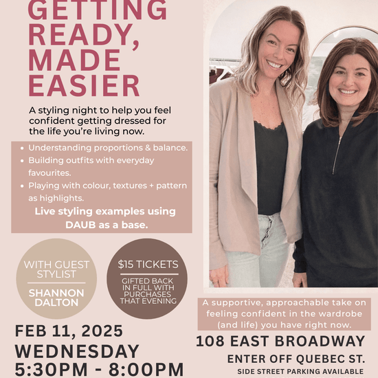 Promotional flyer for an in-person event by D A U B titled 'Getting Ready, Made Easier' featuring two women and event details.