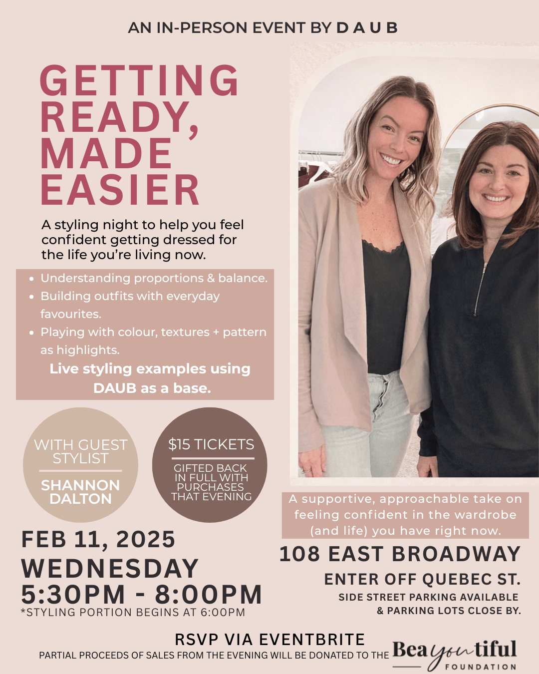 Promotional flyer for an in-person event by D A U B titled 'Getting Ready, Made Easier' featuring two women and event details.