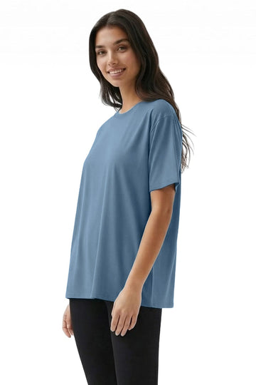 Woman wearing a blue t-shirt on a white background