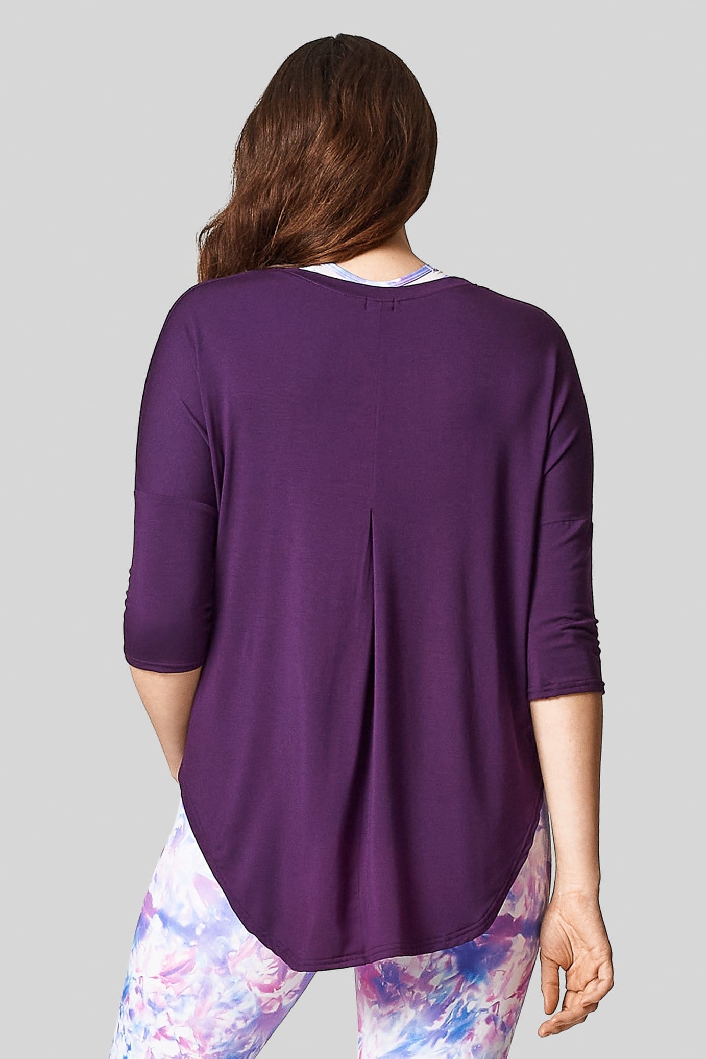 A back view of the Ainsley Tee with back pleat and 3/4 length sleeves made from Modal.