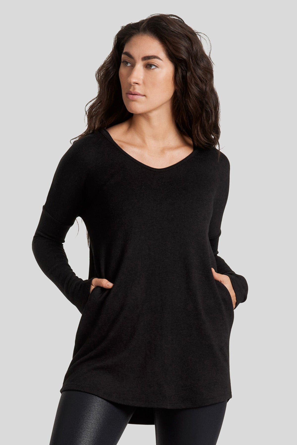 The Marie Tunic in Black has pockets and is made from a super soft modal fabric.