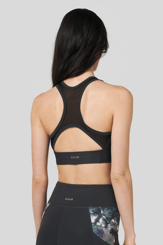 Back of a women wearing a Charcoal colour sports bra and matching legging.