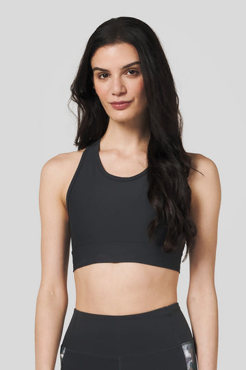 Women wearing a Charcoal colour sports bra and matching legging.