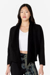 Woman wearing a hiplength black jacket